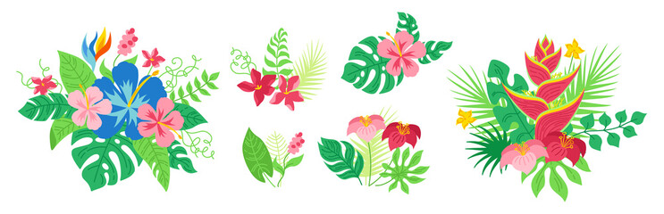 Fototapeta na wymiar Bouquet tropical flowers and leaves set. Hawaiian cartoon floral composition. Monstera, palm and wild flowers collection. Exotic hand drawn green jungle. Vector illustration