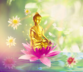 Buddha figure with lotus flowers on water