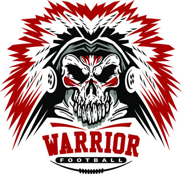 warrior football team design with mascot skull and war bonnet for school, college or league