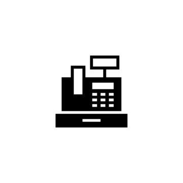 Cash Register Icon in black flat glyph, filled style isolated on white background