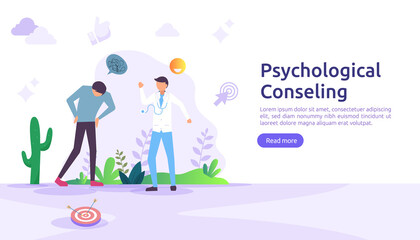 Psychological counseling concept illustration. Psychotherapy practice, psychiatrist consulting patient with people character. template for web landing page, banner, presentation, poster, print media