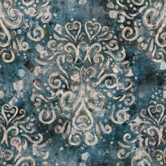 Chic formal grungy damask texture seamless pattern. High quality illustration. Ornate flourish baroque design in a trendy posh exotic style. Grainy fabric texture overlay.
