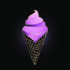 Strawberries pink layers ice cream in waffle cone in black background