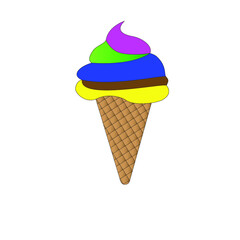 Multicolour ice cream in waffle cone in white background