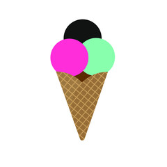 Charcoal, Green tea, Strawberries Ice cream in brown waffle cone