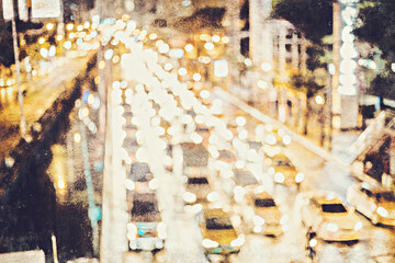 Abstract colorful light car traffic on street in the city for background, blur concept on watercolor illustration painting background.