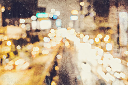 Abstract colorful light car traffic on street in the city for background, blur concept on watercolor illustration painting background.