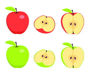 Apples. Set of red, green, bitten and half of fruit with leaf. Vector illustration. Isolated