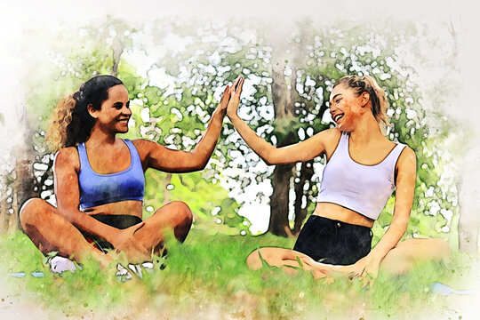 Abstract woman yoga exercise at garden park on watercolor illustration painting background.