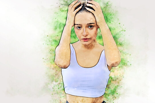 Abstract smile portrait woman yoga exercise at garden park on watercolor illustration painting background.
