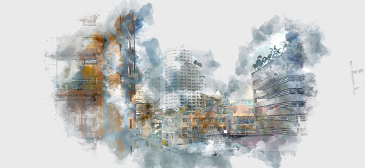 Abstract offices Building in the city on watercolor painting background.......