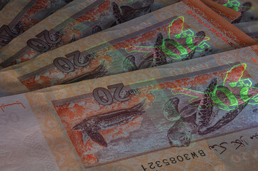 Macro photography of 20 Malaysian ringgit with fluor light. Extreme close-up of RM20 Malaysia. Sharp capture of the Hawksbill turtle on the banknote. Invisible fluorescent image gets visible