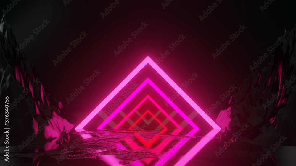 Poster 3d rendering with neon lights square shape on stone texture abstract background