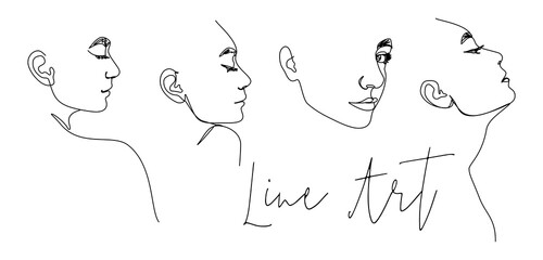 Set of One Line Woman's Face. Continuous line Female Portrait in Profile of a girl In a Modern Minimalist Style. Vector Illustration For wall art, printing on t-shirts, logos
