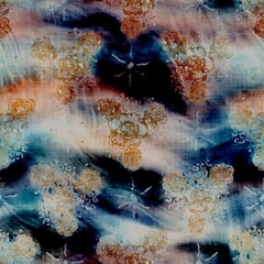Blurry watercolor glitch artistic damask texture background. Irregular bleeding tie dye seamless pattern. Ombre distorted boho batik all over print. Variegated ornate moody dark wet effect.