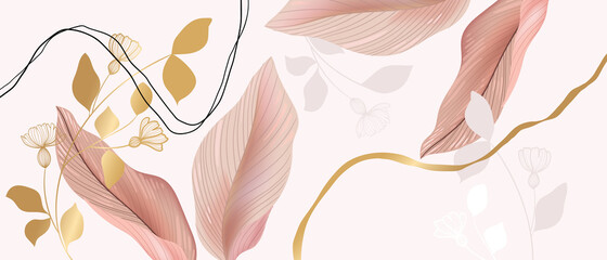 Floral seamless pastel pink and golden metallic plant background vector for house deco