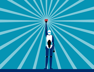 Robot holding his credit card. Banking services concept