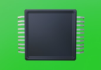 3d closeup black electronic  chip with many leg isolate on green background 3D rendering