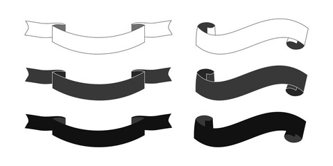 Set of wavy ribbons, banners isolated on white background. Empty swirl decorations for design. 