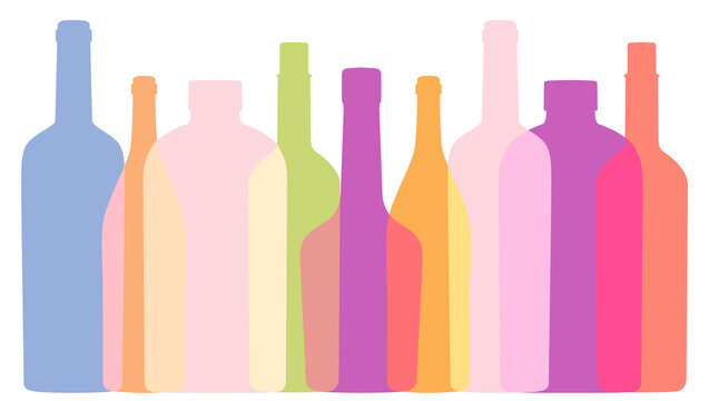 Background with outlines contours of bottles. Poster for Wine festival with Silhouettes. Background for menu covers. Cocktail Party banner. Vintage color. Vector overlapping shapes