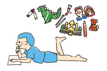 描くものを想像している子ども