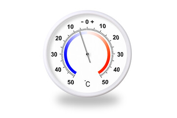 Outdoor thermometer on white background. Ambient temperature minus 6 degrees celsius
