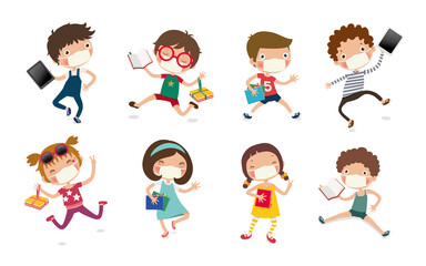 New normal, E-learning or educational technology concept, kids Reading Books or tablets, Vector, Illustration