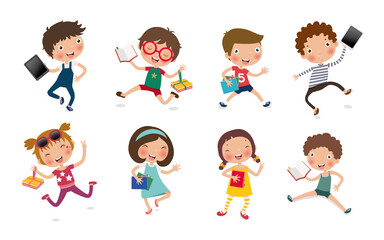 education concept, set of children Reading Books or tablets, Vector, Illustration
