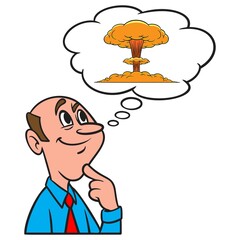 Thinking about War - A cartoon illustration of a man thinking about rumors of War.