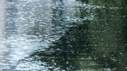 wet asphalt with raindrops in a puddle and sky reflections