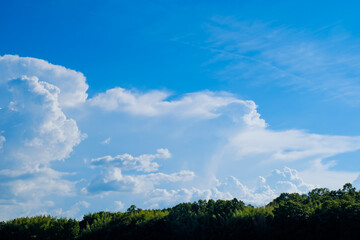 Obraz na płótnie Canvas 入道雲が広がる真夏の空　積乱雲　8月　背景素材　コピースペース