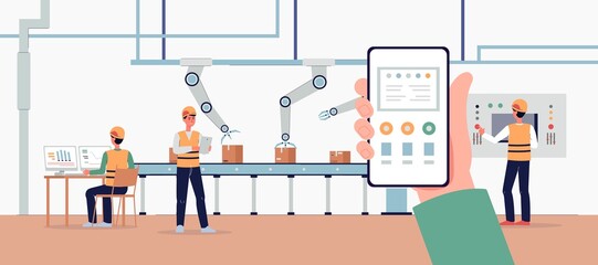 Warehouse workers controlling automated robotic line, flat vector illustration.
