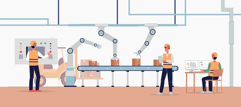Automated robotic line with warehouse workers flat vector illustration.