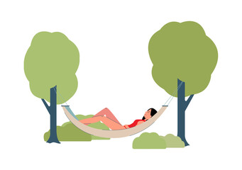 Woman in swimsuit resting in a hammock flat vector illustration isolated.