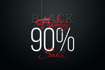 90 percent Black Friday sale, inscription discount and hot sale on a dark background. Black friday banner. 3D illustration, 3D render, copy space.