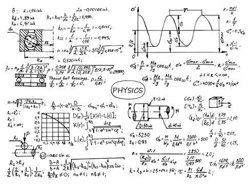 Physical notation with the equations, figures, schemes, plots and other calculations on whiteboard. Retro handwritten vector illustration. Scientific and educational background.