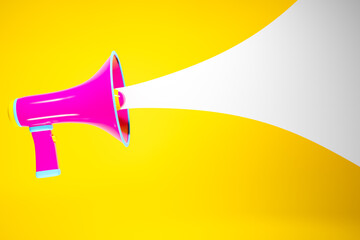 Pink  cartoon loudspeaker on a yellow monochrome background. 3d illustration of a megaphone. Advertising symbol, promotion concept.