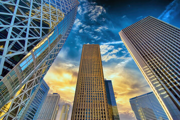 Fototapeta na wymiar Modern office towers in Nishi Shinjuku, Tokyo, Japan, just before sunset