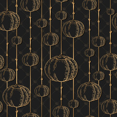 Obraz na płótnie Canvas Seamless vector pattern with hand drawn gold pumpkins isolated on black background. Halloween illustration for textile, print, card, invitation, wallpaper, decor, fabric