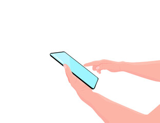 Tablet in the hands. Man holds black tab. Finger touching screen. Web searching on the tablet screen. Copy space for your text. Vector illustration, white background