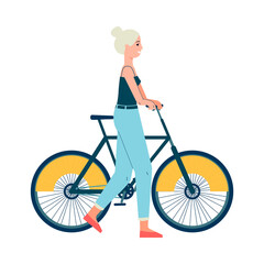 Woman or girl cartoon character with bicycle flat vector illustration isolated.