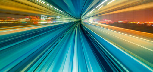 Abstract high speed technology POV train motion blurred concept from the Yuikamome monorail in Tokyo, Japan