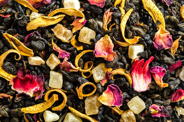 Flavored tea with candied fruit slices, tiger Lily petals, hibiscus, rose. Sweet aromatic dry tea...
