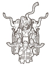 Feast of trumpets.Group of Jewish people blowing the shofar horn cartoon graphic vector