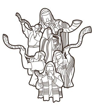 men blowing shofar horns clip art preview