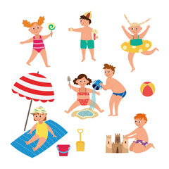 Set of cartoon kids characters at the beach, flat vector illustration isolated