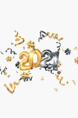 Inscription 2021 gold balloons on a light background, creative background. Happy new year, year of the white bull, flyer, poster, A4. 3D illustration, 3D render.