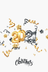 Inscription 2021 gold balloons on a light background, creative background. Happy new year, year of the white bull, flyer, poster, A4. 3D illustration, 3D render.