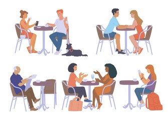 Set of people relaxing at tables in cafe flat vector illustration isolated.