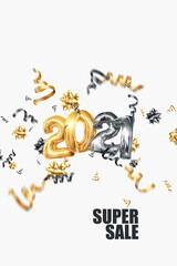 Happy New Year, Inscription 2021 gold balloons and super sale on a light background, confetti, creative background. Year of the white bull, flyer, poster A4. 3D illustration, 3D render.